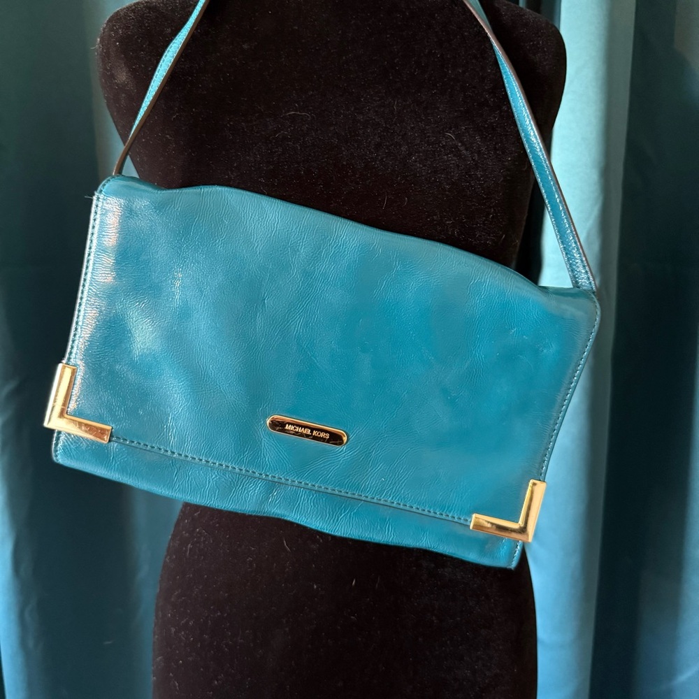 Michael Kors Turquoise Leather Clutch with Gold Accents